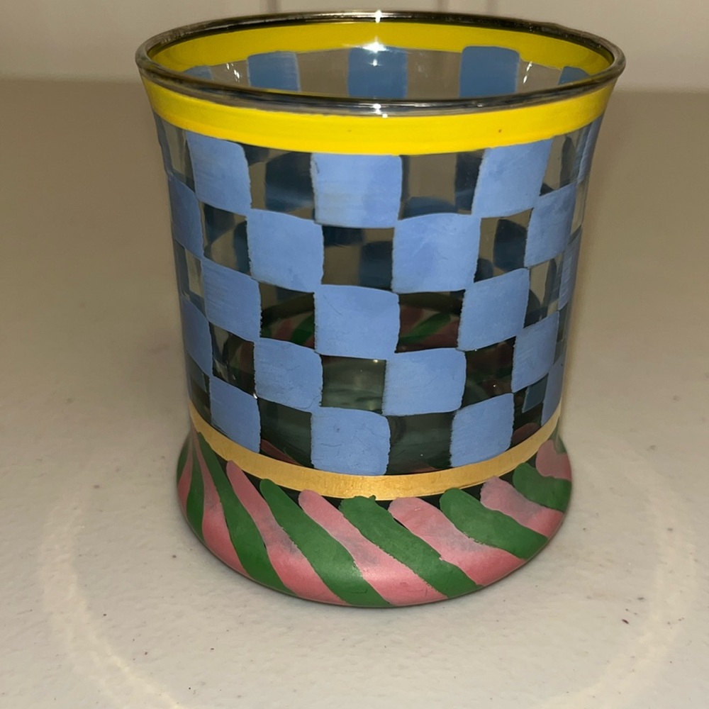 MACKENZIE- CHILDS Circus Blue Check Stripe Old Fashion Glass Tumbler